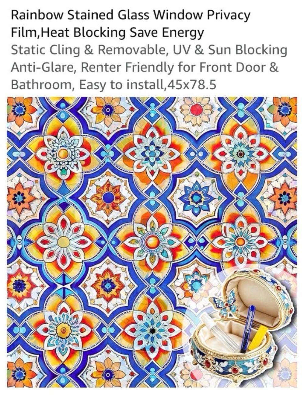 NEW 45” x78.5” Somwise Stained Glass Privacy Window Film Color: Moroccan Garden